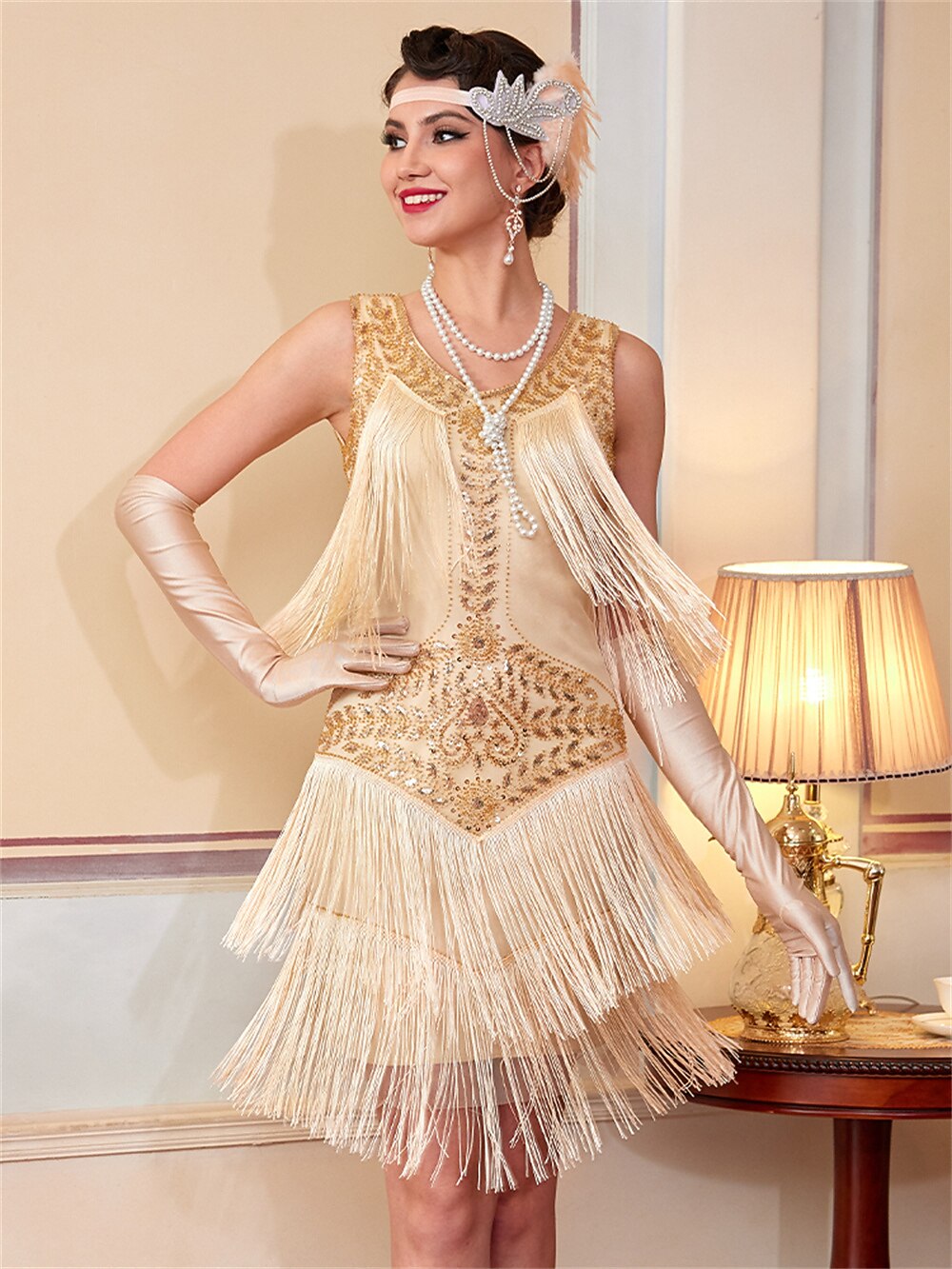 Gold Beaded Flapper Dress with Elegant Detailing