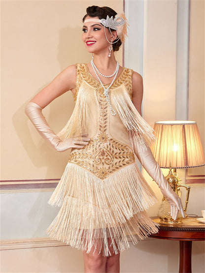 Gold Beaded Flapper Dress with Elegant Detailing