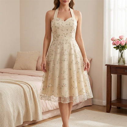 Floral Embroidered Halter Midi Dress