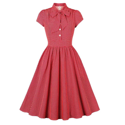 Women's 1950s Polka Dot Cap Sleeve Tie Collar Fit and Flare A-Line Dress