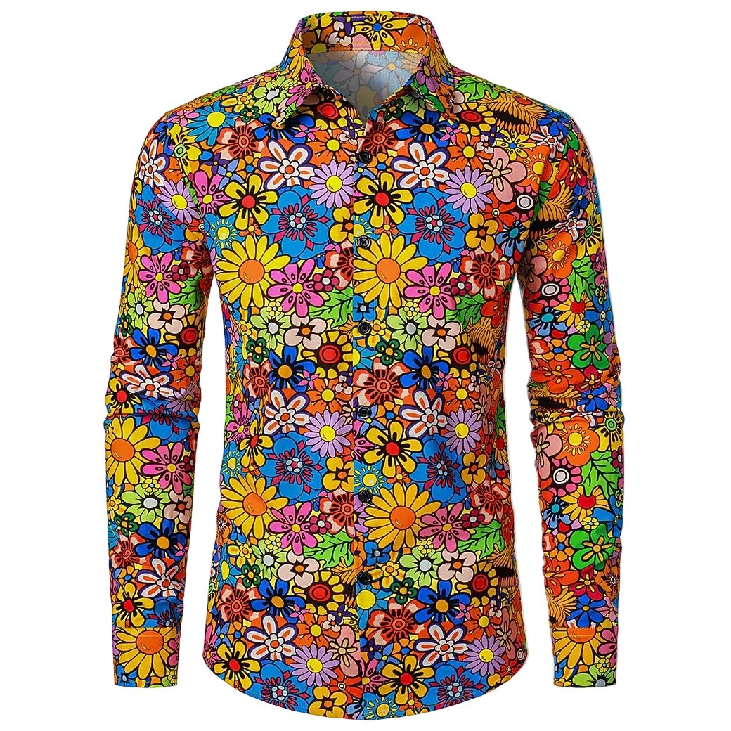 Retro 70S Psychedelic All-Over Floral Print Long Sleeves Collar Shirt