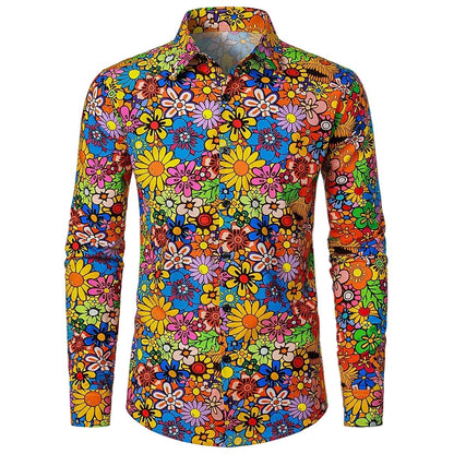 Retro 70S Psychedelic All-Over Floral Print Long Sleeves Collar Shirt