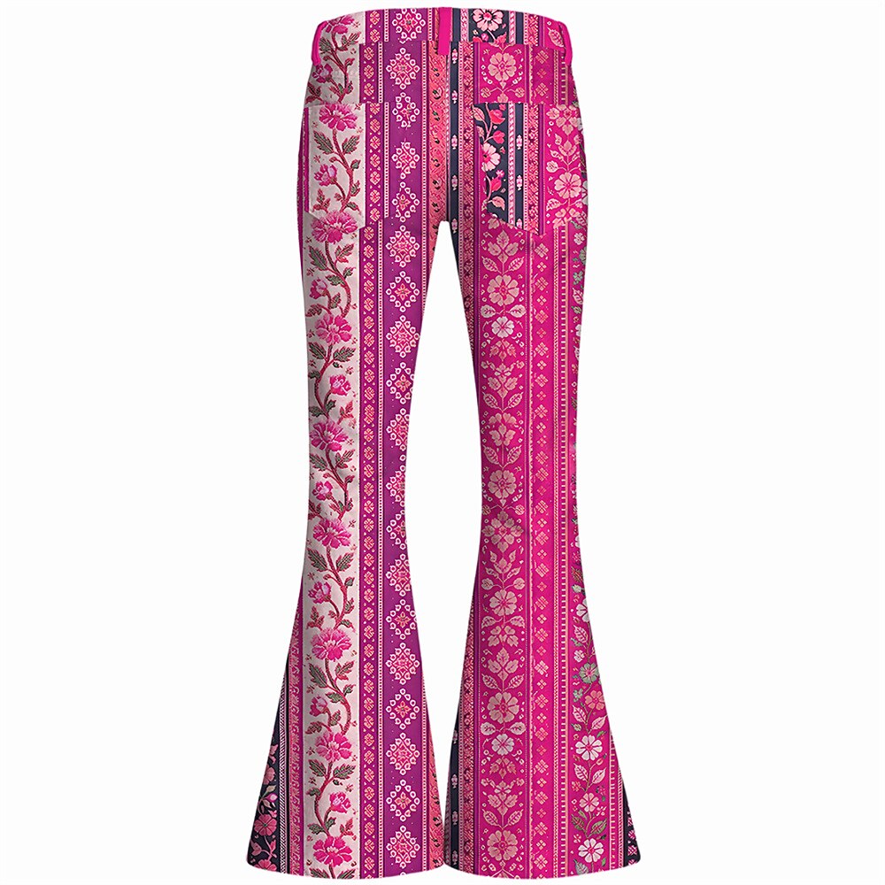 Retro 70s Ethnic Floral Striped High Waist Wide Flared Trousers