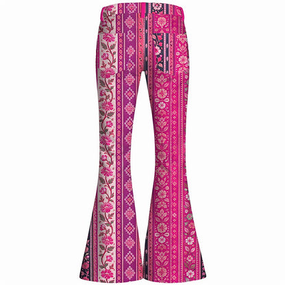 Retro 70s Ethnic Floral Striped High Waist Wide Flared Trousers