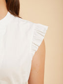 White V-Neck Dirndl Blouse with Lace Flutter Sleeves