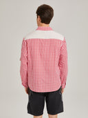 Men’s Oktoberfest Trachten Shirt Red Gingham Check Lace-Up Front