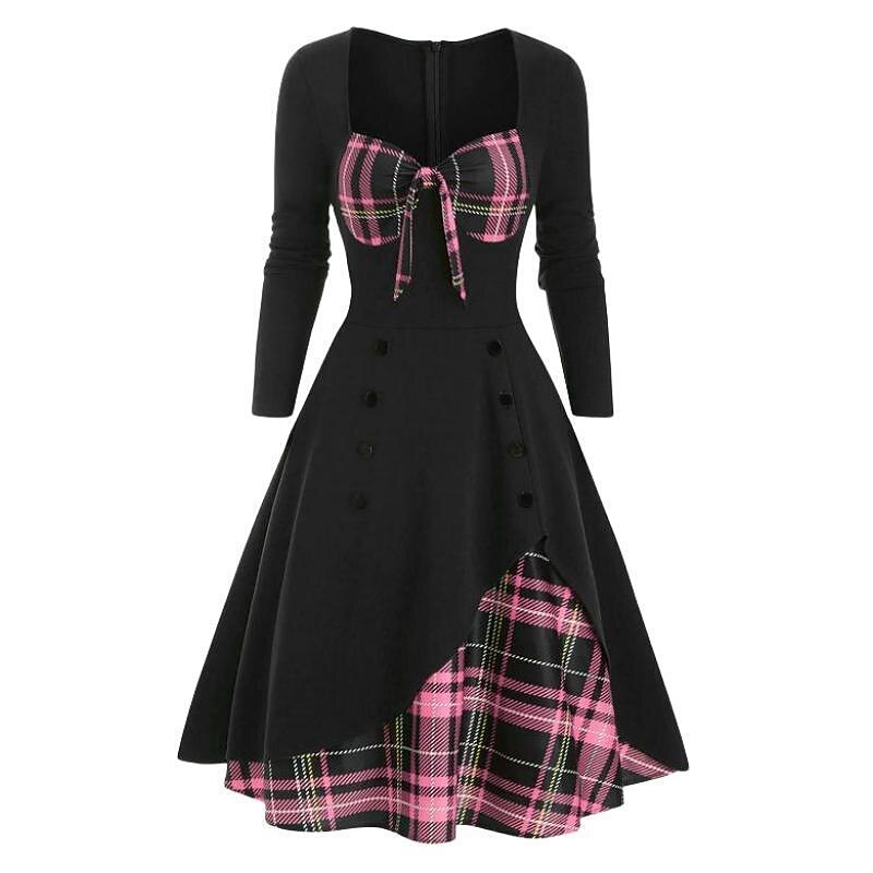Retro Tie-Front Plaid Xmas Party Dress