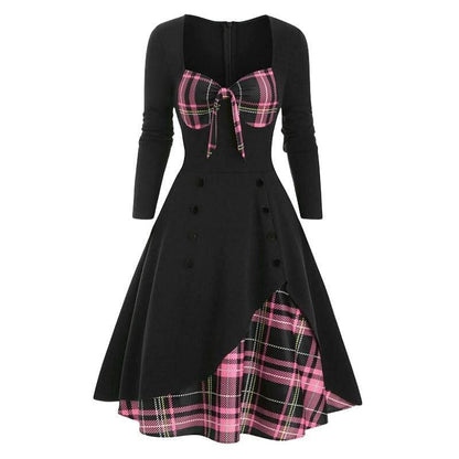 Retro Tie-Front Plaid Xmas Party Dress