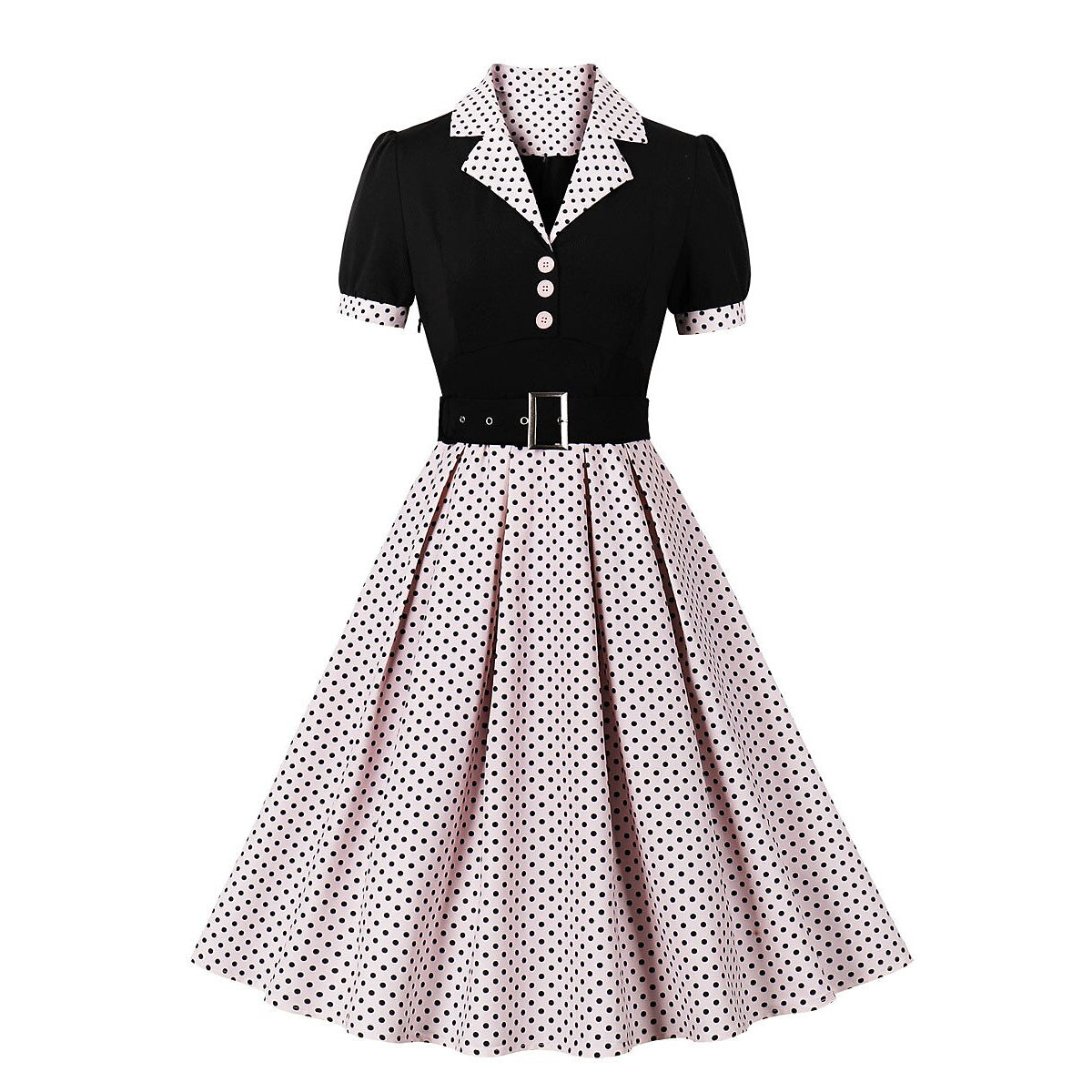 Women's 1950s Polka Dot Patchwork Lapel Collar Belted A-Line Rockabilly Dress