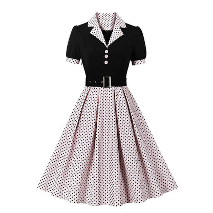 Women's 1950s Polka Dot Patchwork Lapel Collar Belted A-Line Rockabilly Dress