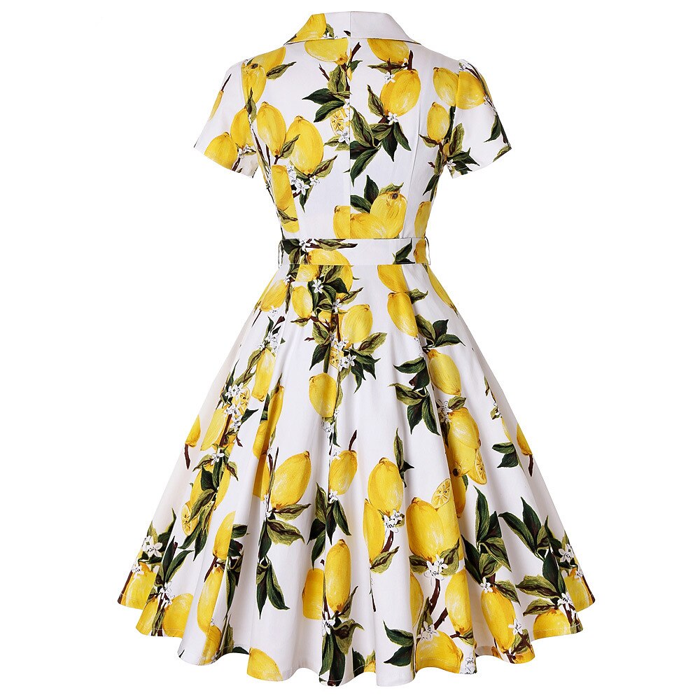 Women's 1950s Tropical Pin-up Print Lapel Collar Swing Dress