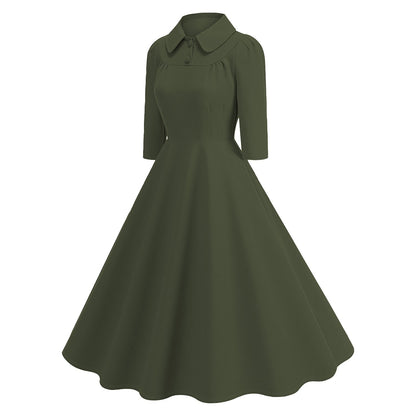 Women's 1950s Solid Color Peter Pan Collar Long Sleeve Flare Dress