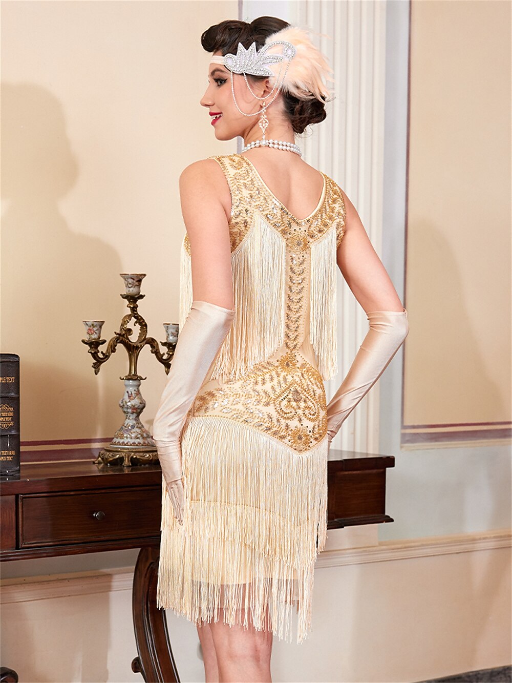 Gold Beaded Flapper Dress with Elegant Detailing