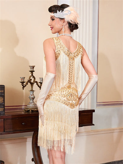 Gold Beaded Flapper Dress with Elegant Detailing