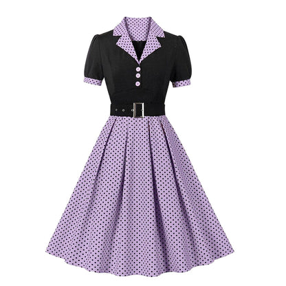 Women's 1950s Polka Dot Patchwork Lapel Collar Belted A-Line Rockabilly Dress