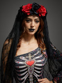 Copricapo da donna gotico in pizzo con rosa e velo scheletro per Halloween