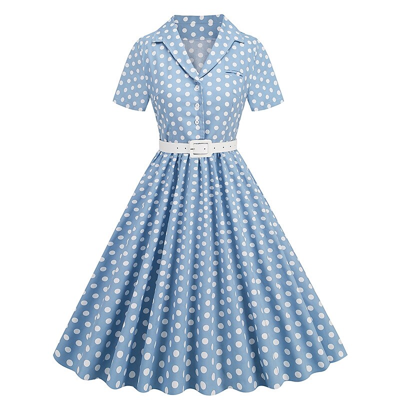 Women's 1950s Polka Dot Lapel Collar Swing Shirt Dress