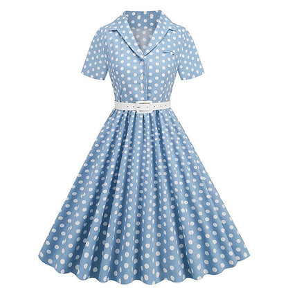 Women's 1950s Polka Dot Lapel Collar Swing Shirt Dress