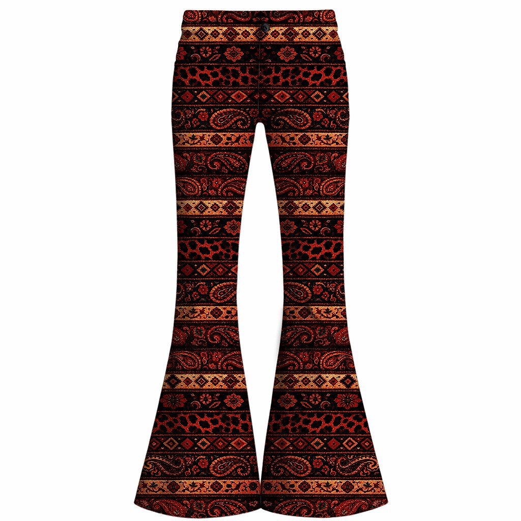 Retro 70s Boho Paisley Geometric High Waist Wide Flared Trousers