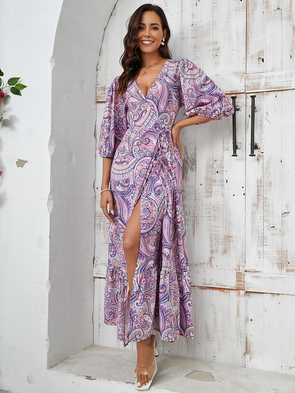 Retro 70s Bohemian Paisley Wrap V-neck Maxi Dress