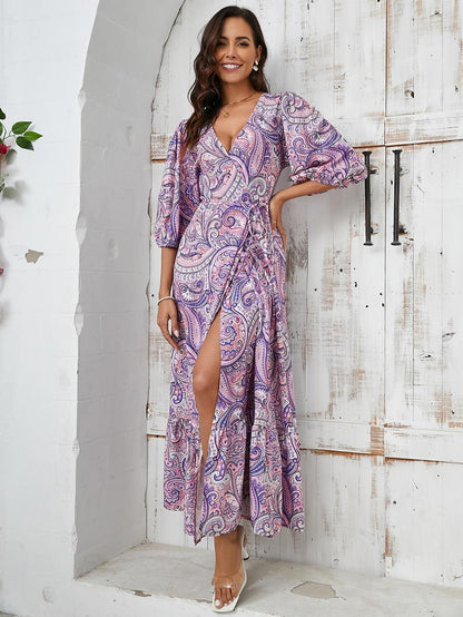 Retro 70s Bohemian Paisley Wrap V-neck Maxi Dress