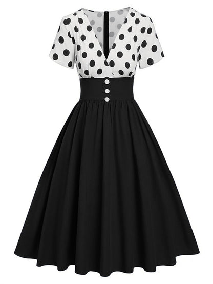 Women's 1950s Polka Dot V-Neck High Waist Swing Dress