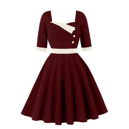 Women's 1950s Contrast Sweetheart Neck Half Sleeve A-Line Dress