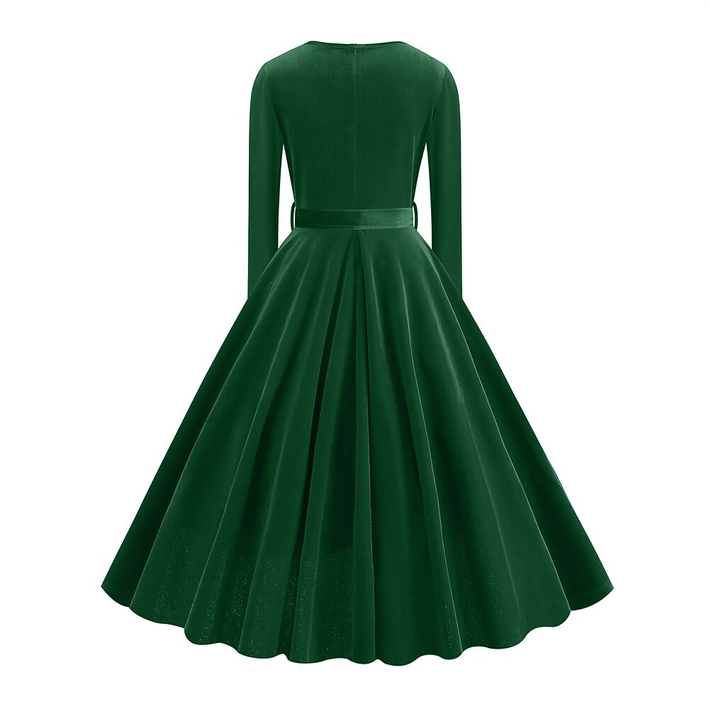 Women's 1950s Velvet V-Neck Long Sleeve Swing Dress