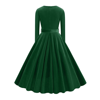 Women's 1950s Velvet V-Neck Long Sleeve Swing Dress