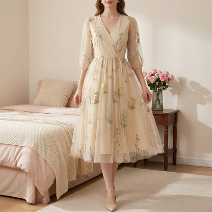 Floral Embroidered V-Neck Midi Dress