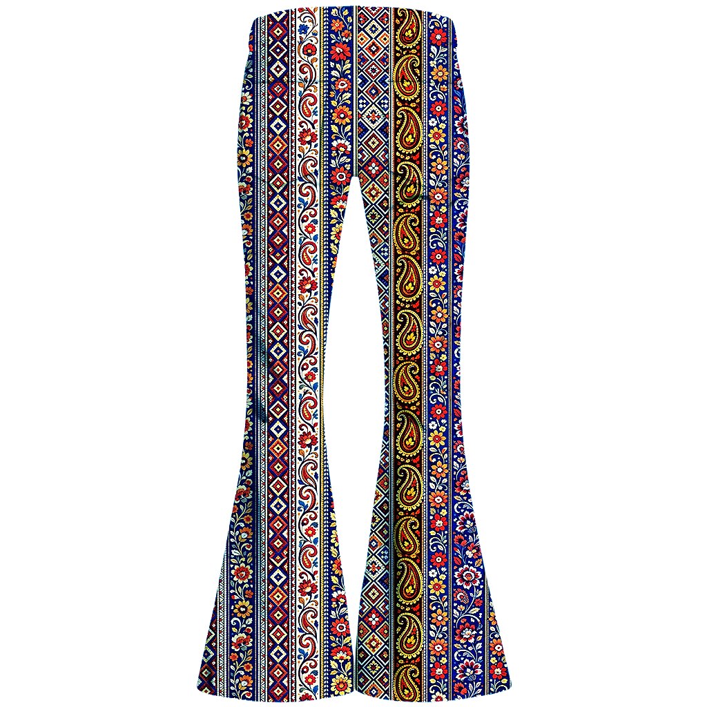 Retro 70s Boho Paisley Stripe High Waist Wide Flared Trousers