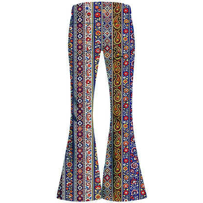 Retro 70s Boho Paisley Stripe High Waist Wide Flared Trousers