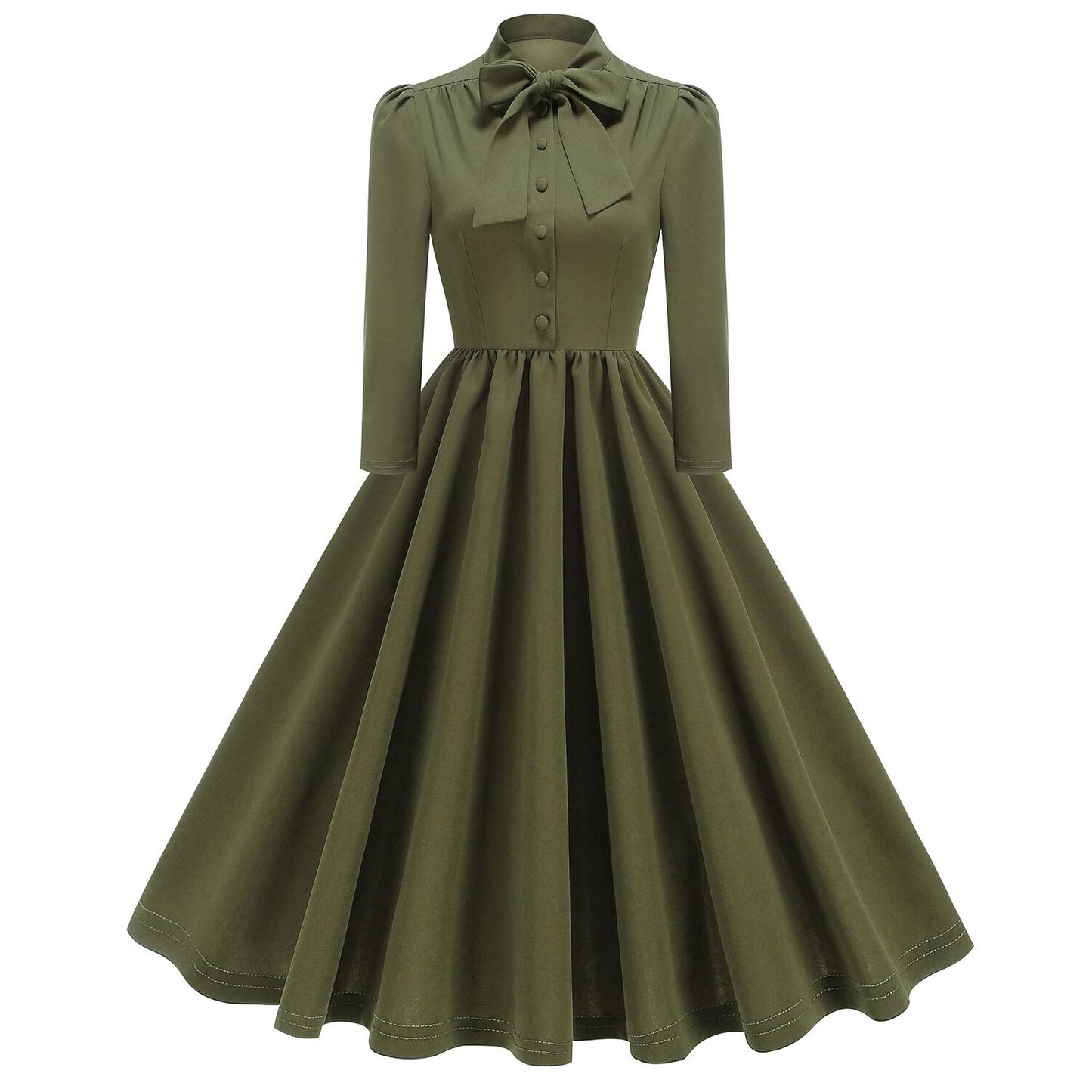 Women's 1950s Bow Tie Neck Long Sleeve A-Line Dress