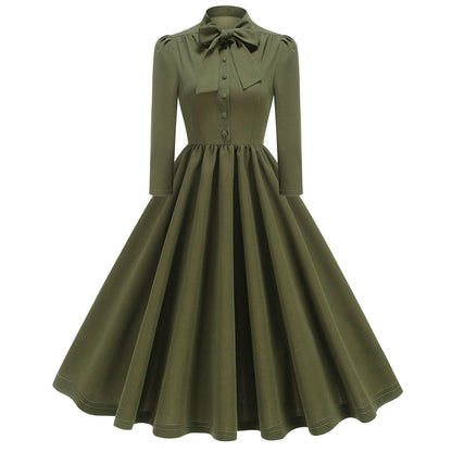 Women's 1950s Bow Tie Neck Long Sleeve A-Line Dress