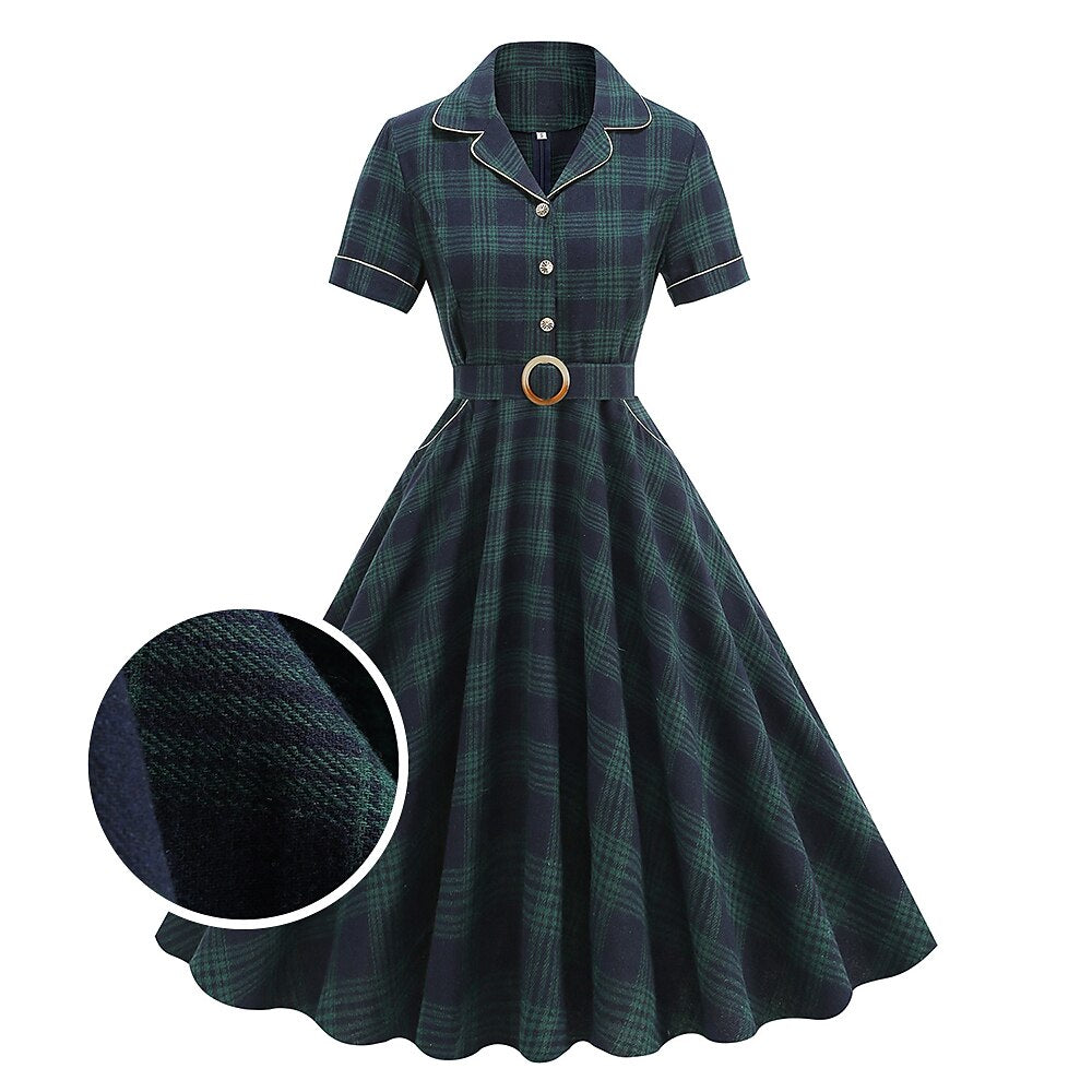 Women's 1950s Plaid Lapel Collar Swing Dress
