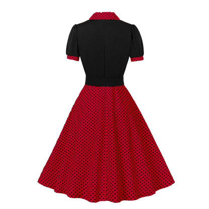 Women's 1950s Polka Dot Patchwork Lapel Collar Belted A-Line Rockabilly Dress