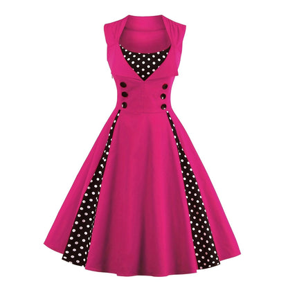 Women's 1950s Polka Dot Patchwork Lapel Collar Sleeveless A-Line Rockabilly Dress
