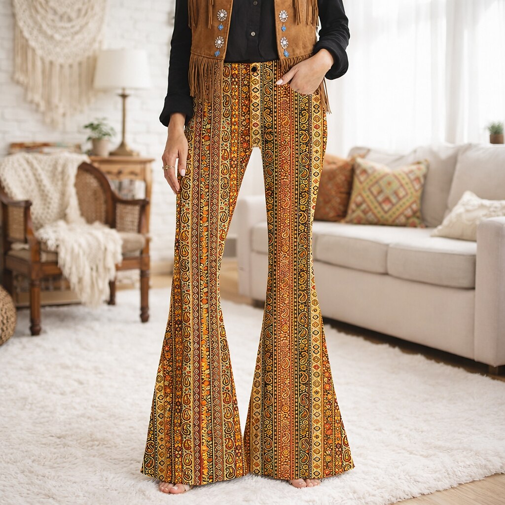 Retro 70s Boho Paisley Stripe High Waist Wide Flared Trousers