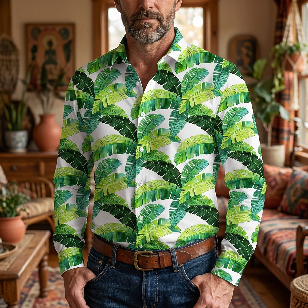 Retro 70S Tropical Banana Leaf Pattern Long Sleeves Collar Shirt