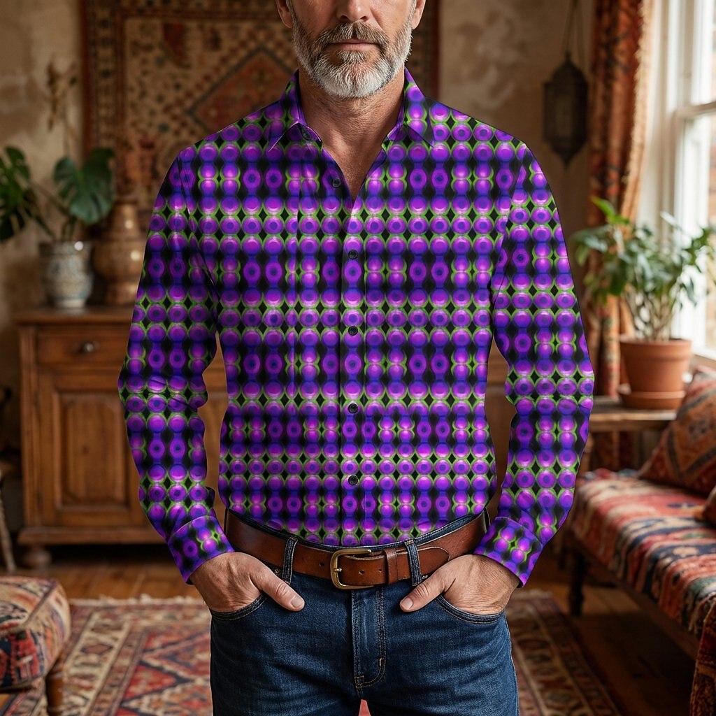 Retro 70S Vintage Geometric Circle Pattern Long Sleeves Collar Shirt