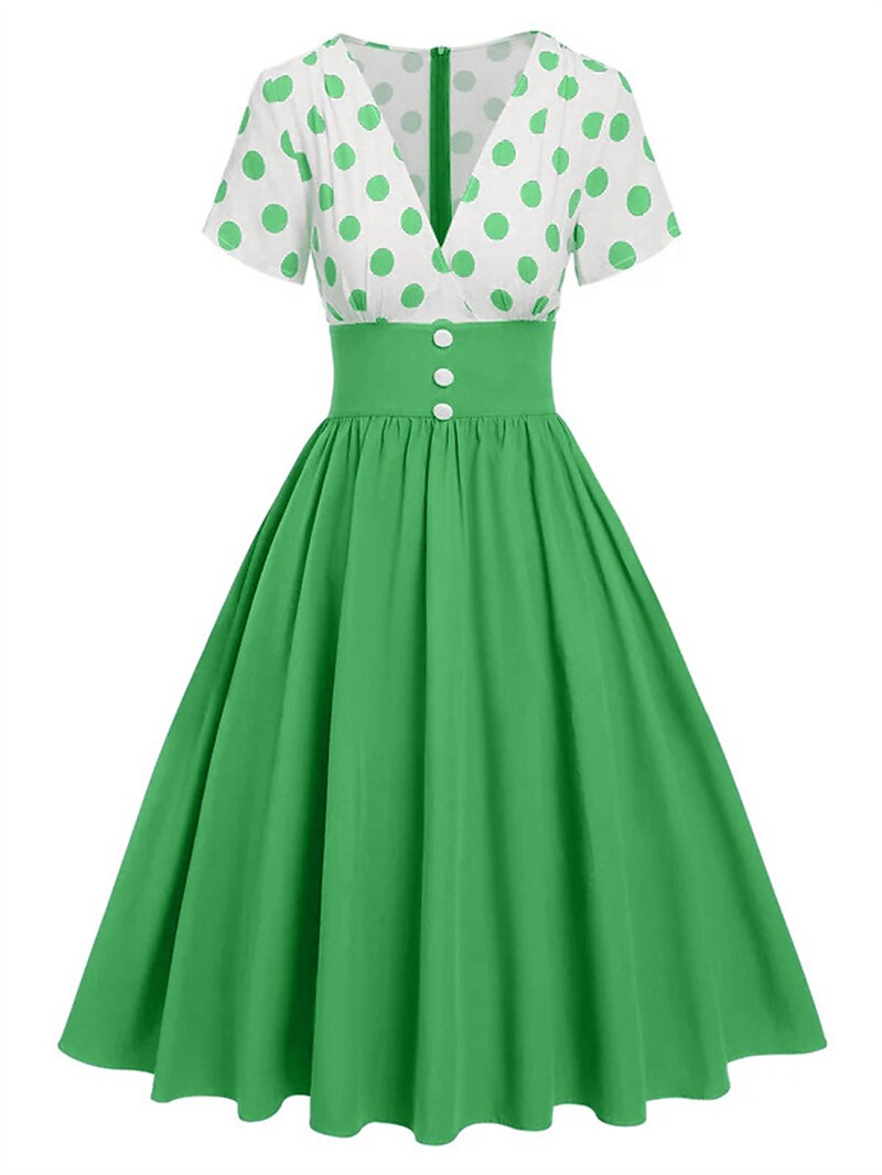 Women's 1950s Polka Dot V-Neck High Waist Swing Dress