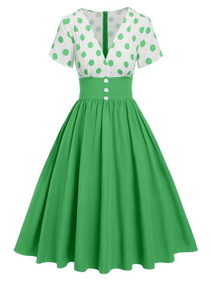 Women's 1950s Polka Dot V-Neck High Waist Swing Dress