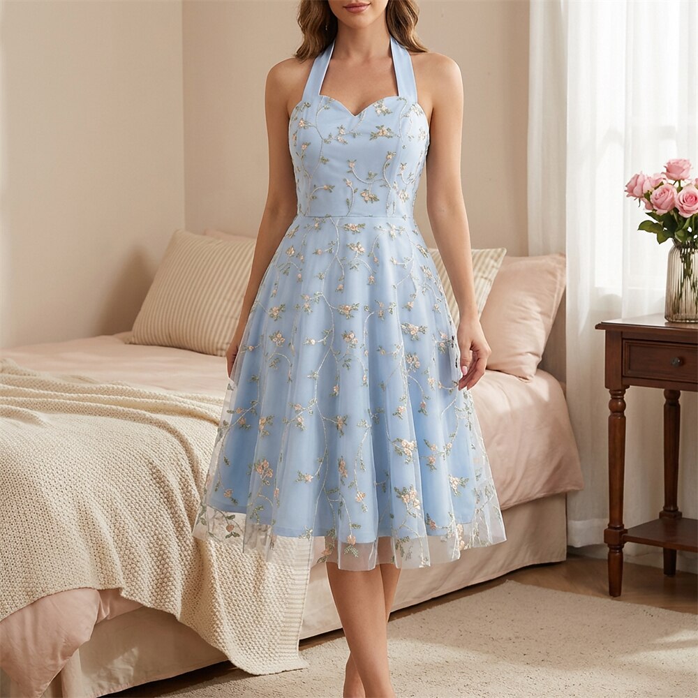 Floral Embroidered Halter Midi Dress
