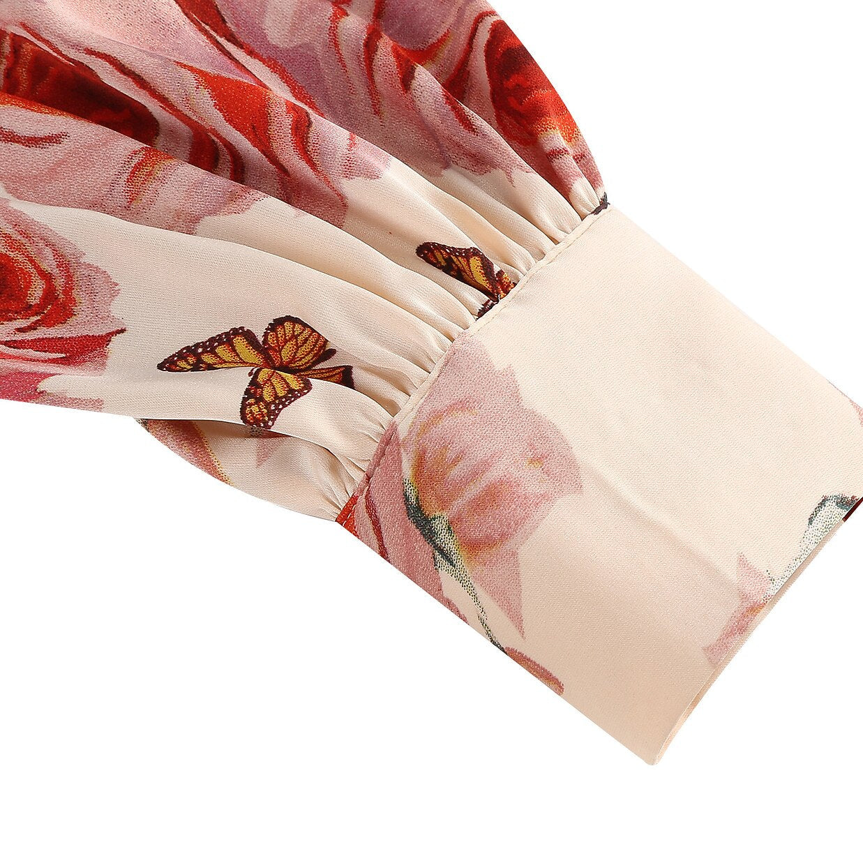 Women's 1950s Pink Rose Floral V-Neck Long Sleeve Flare Dress