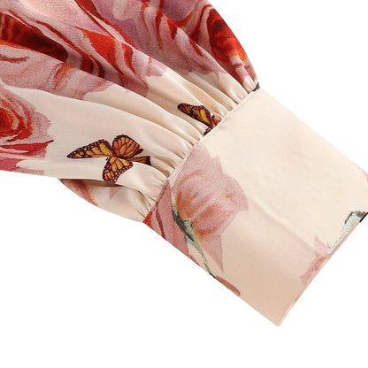 Women's 1950s Pink Rose Floral V-Neck Long Sleeve Flare Dress