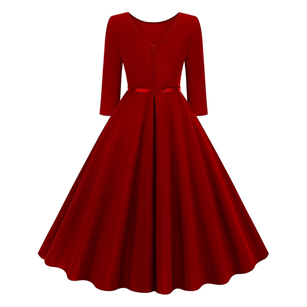 Women's 1950s Solid Color Round Neck 3/4 Sleeve Flare Dress