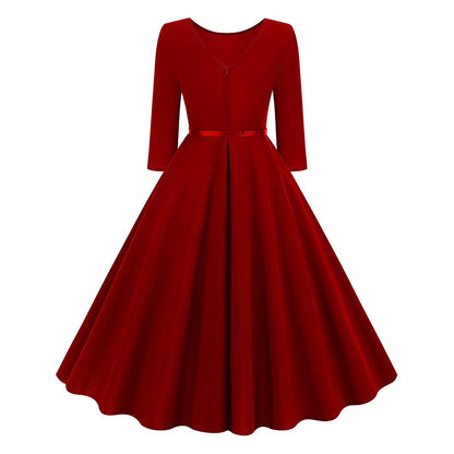 Women's 1950s Solid Color Round Neck 3/4 Sleeve Flare Dress