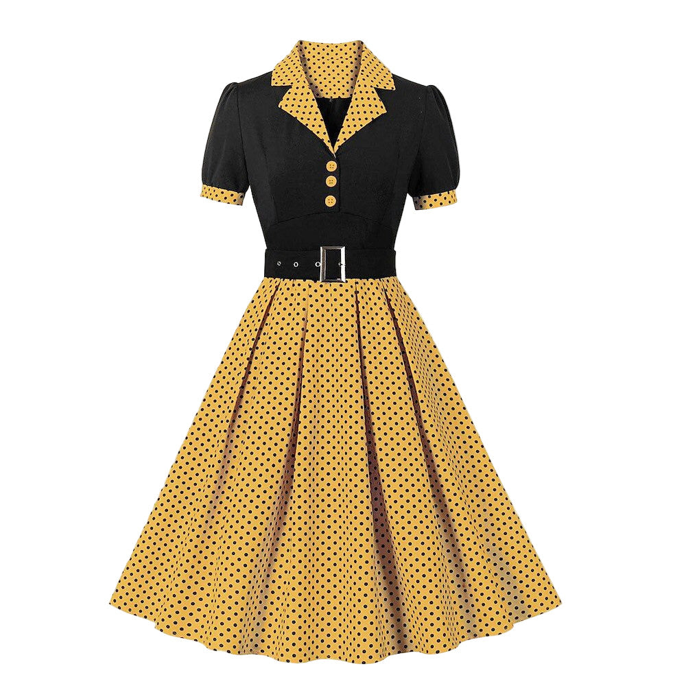 Women's 1950s Polka Dot Patchwork Lapel Collar Belted A-Line Rockabilly Dress
