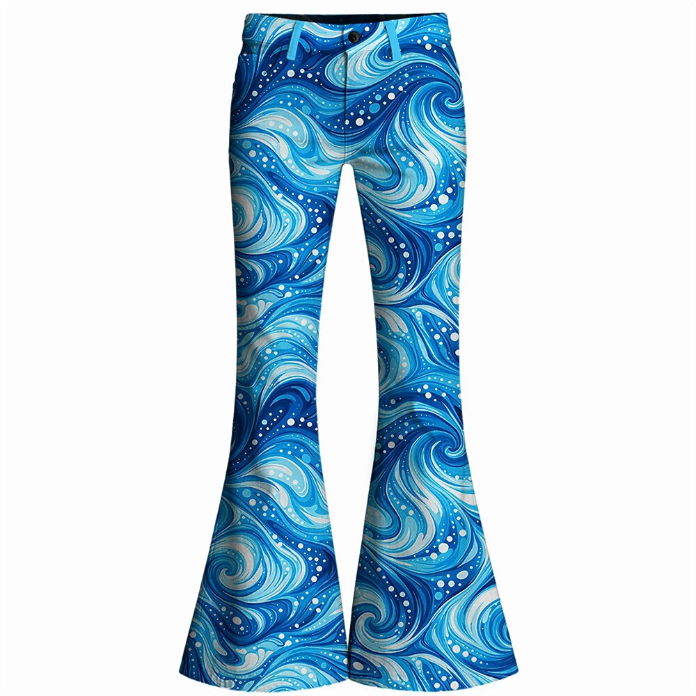Retro 70s Swirling Waves High Waist Wide Flared Trousers