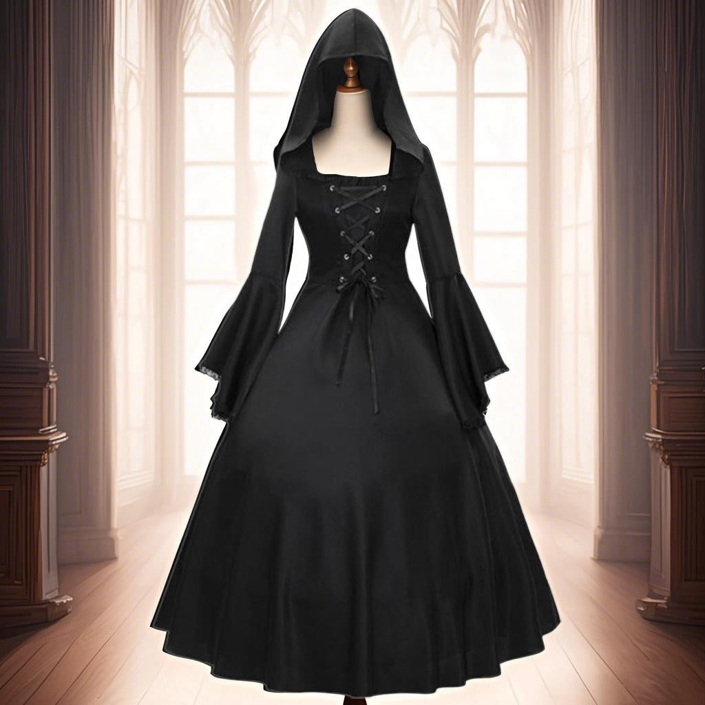 Gothic Punk Style Medieval Witch Dress with Drawstring